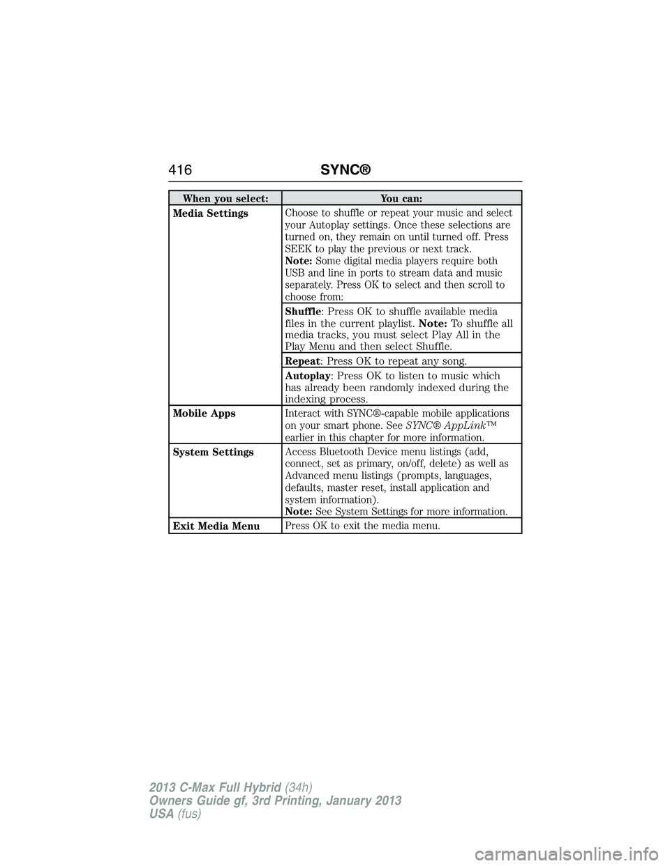 FORD C MAX 2013 Owners Manual When you select: You can:
Media SettingsChoose to shuffle or repeat your music and select
your Autoplay settings. Once these selections are
turned on, they remain on until turned off. Press
SEEK to pl FORD C MAX 2013 Owners Manual When you select: You can:
Media SettingsChoose to shuffle or repeat your music and select
your Autoplay settings. Once these selections are
turned on, they remain on until turned off. Press
SEEK to pl