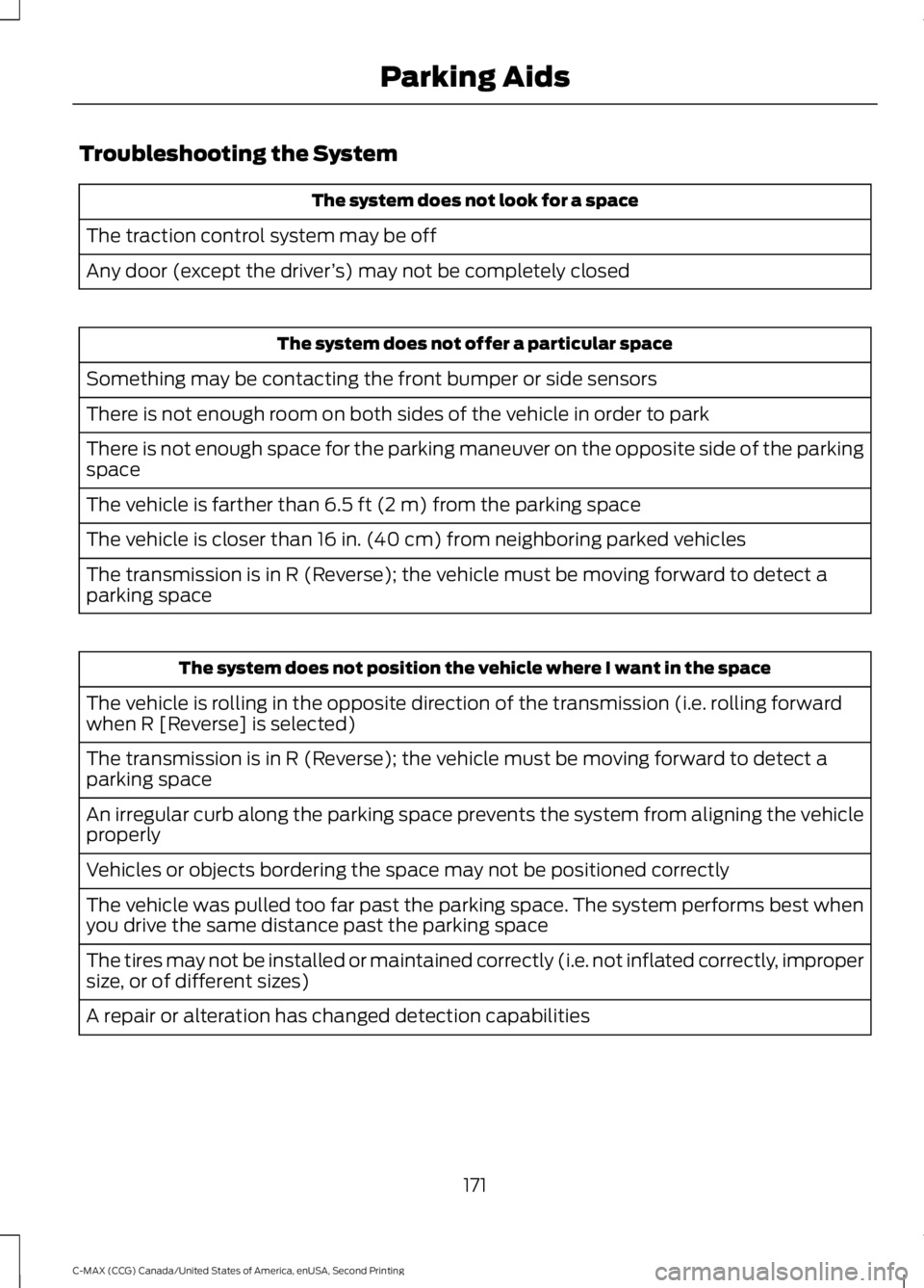 FORD C MAX 2015 Owners Manual Troubleshooting the System
The system does not look for a space
The traction control system may be off
Any door (except the driver ’s) may not be completely closed The system does not offer a partic FORD C MAX 2015 Owners Manual Troubleshooting the System
The system does not look for a space
The traction control system may be off
Any door (except the driver ’s) may not be completely closed The system does not offer a partic