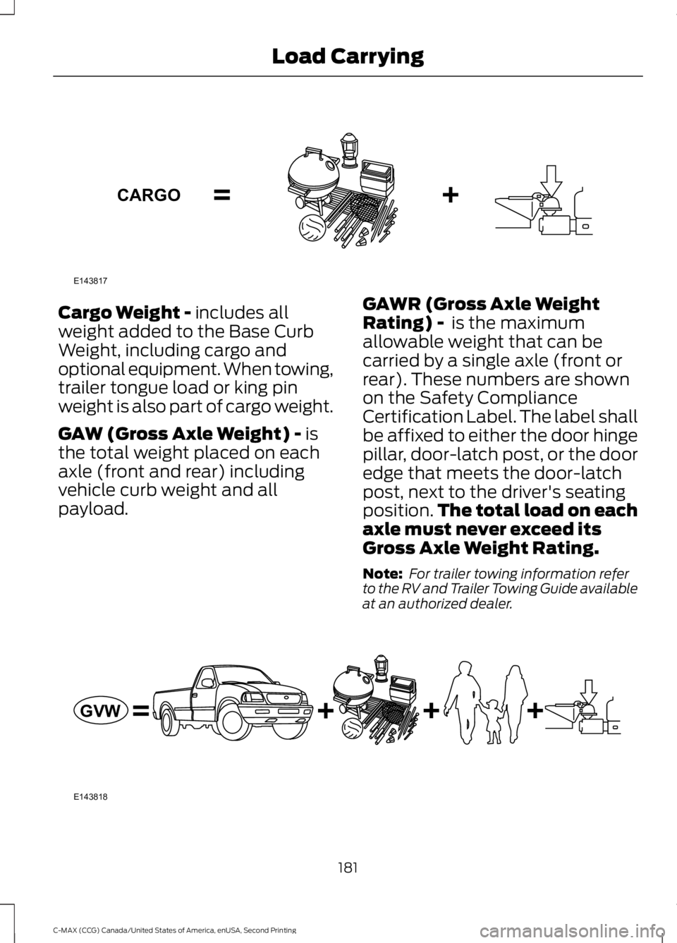 FORD C MAX 2015 Owners Manual Cargo Weight - includes all
weight added to the Base Curb
Weight, including cargo and
optional equipment. When towing,
trailer tongue load or king pin
weight is also part of cargo weight.
GAW (Gross A FORD C MAX 2015 Owners Manual Cargo Weight - includes all
weight added to the Base Curb
Weight, including cargo and
optional equipment. When towing,
trailer tongue load or king pin
weight is also part of cargo weight.
GAW (Gross A