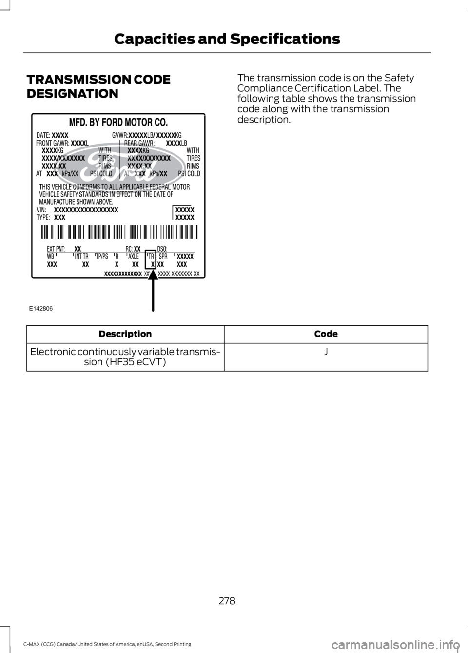 FORD C MAX 2015 Owners Manual TRANSMISSION CODE
DESIGNATION The transmission code is on the Safety
Compliance Certification Label. The
following table shows the transmission
code along with the transmission
description.
Code
Descr FORD C MAX 2015 Owners Manual TRANSMISSION CODE
DESIGNATION The transmission code is on the Safety
Compliance Certification Label. The
following table shows the transmission
code along with the transmission
description.
Code
Descr