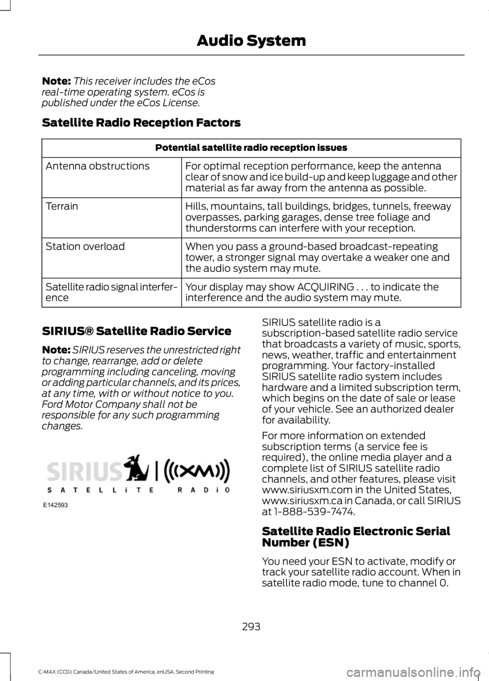 FORD C MAX 2015 Owners Manual Note:
This receiver includes the eCos
real-time operating system. eCos is
published under the eCos License.
Satellite Radio Reception Factors Potential satellite radio reception issues
For optimal rec FORD C MAX 2015 Owners Manual Note:
This receiver includes the eCos
real-time operating system. eCos is
published under the eCos License.
Satellite Radio Reception Factors Potential satellite radio reception issues
For optimal rec