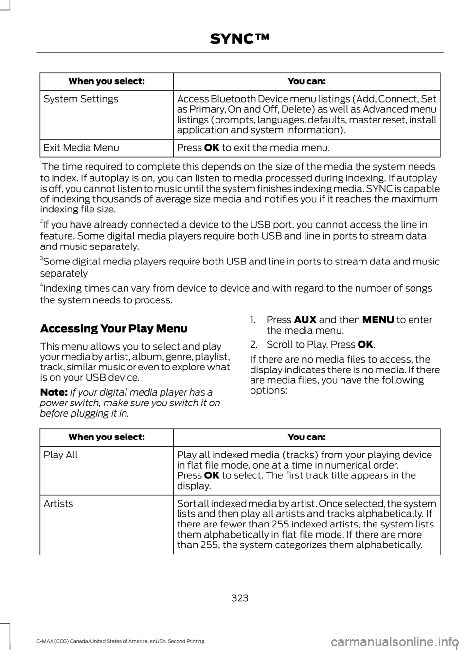 FORD C MAX 2015 Owners Manual You can:
When you select:
Access Bluetooth Device menu listings (Add, Connect, Set
as Primary, On and Off, Delete) as well as Advanced menu
listings (prompts, languages, defaults, master reset, instal FORD C MAX 2015 Owners Manual You can:
When you select:
Access Bluetooth Device menu listings (Add, Connect, Set
as Primary, On and Off, Delete) as well as Advanced menu
listings (prompts, languages, defaults, master reset, instal