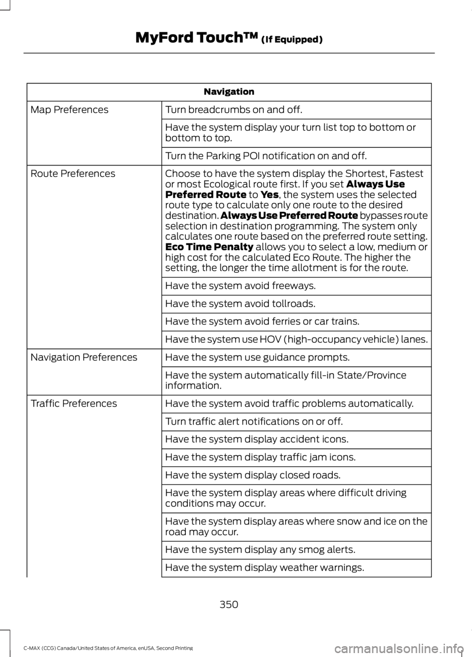 FORD C MAX 2015 Owners Manual Navigation
Turn breadcrumbs on and off.
Map Preferences
Have the system display your turn list top to bottom or
bottom to top.
Turn the Parking POI notification on and off.
Choose to have the system d FORD C MAX 2015 Owners Manual Navigation
Turn breadcrumbs on and off.
Map Preferences
Have the system display your turn list top to bottom or
bottom to top.
Turn the Parking POI notification on and off.
Choose to have the system d