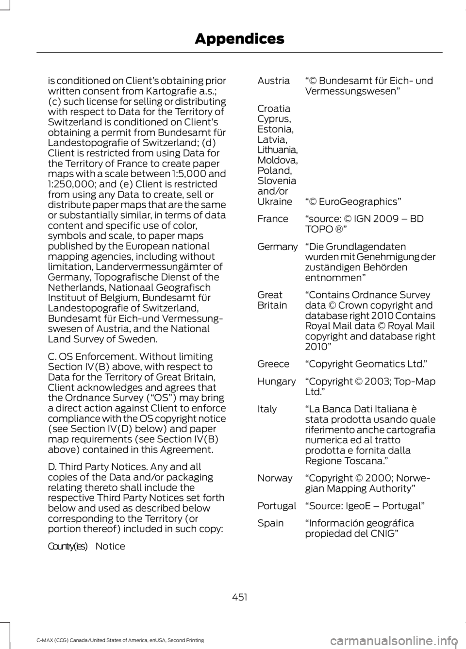 FORD C MAX 2015 Owners Manual is conditioned on Client’
s obtaining prior
written consent from Kartografie a.s.;
(c) such license for selling or distributing
with respect to Data for the Territory of
Switzerland is conditioned o FORD C MAX 2015 Owners Manual is conditioned on Client’
s obtaining prior
written consent from Kartografie a.s.;
(c) such license for selling or distributing
with respect to Data for the Territory of
Switzerland is conditioned o