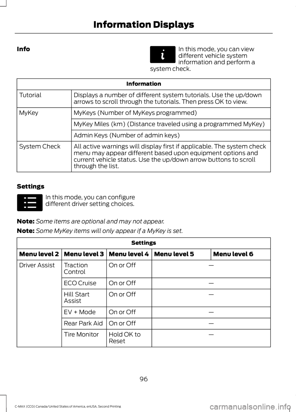 FORD C MAX 2015 Owners Manual Info In this mode, you can view
different vehicle system
information and perform a
system check. Information
Displays a number of different system tutorials. Use the up/down
arrows to scroll through t FORD C MAX 2015 Owners Manual Info In this mode, you can view
different vehicle system
information and perform a
system check. Information
Displays a number of different system tutorials. Use the up/down
arrows to scroll through t