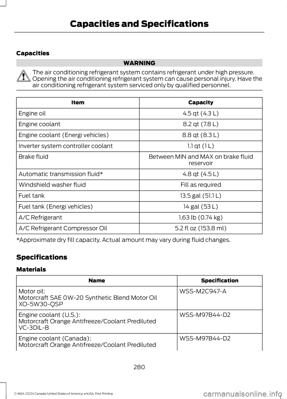 FORD C MAX 2016  Owners Manual Capacities
WARNING
The air conditioning refrigerant system contains refrigerant under high pressure.
Opening the air conditioning refrigerant system can cause personal injury. Have the
air conditionin