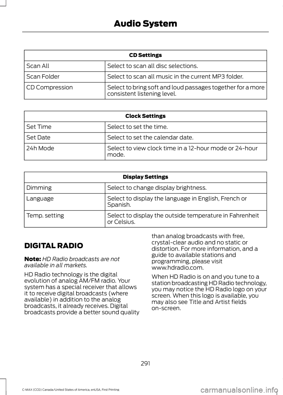 FORD C MAX 2016 Owners Manual CD Settings
Select to scan all disc selections.
Scan All
Select to scan all music in the current MP3 folder.
Scan Folder
Select to bring soft and loud passages together for a more
consistent listening FORD C MAX 2016 Owners Manual CD Settings
Select to scan all disc selections.
Scan All
Select to scan all music in the current MP3 folder.
Scan Folder
Select to bring soft and loud passages together for a more
consistent listening