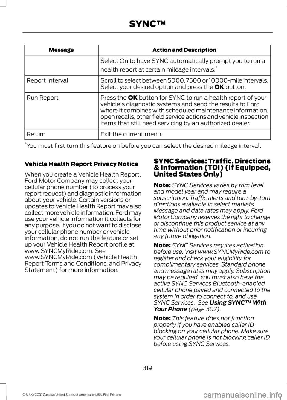 FORD C MAX 2016 Owners Manual Action and Description
Message
Select On to have SYNC automatically prompt you to run a
health report at certain mileage intervals. *
Scroll to select between 5000, 7500 or 10000-mile intervals.
Selec FORD C MAX 2016 Owners Manual Action and Description
Message
Select On to have SYNC automatically prompt you to run a
health report at certain mileage intervals. *
Scroll to select between 5000, 7500 or 10000-mile intervals.
Selec