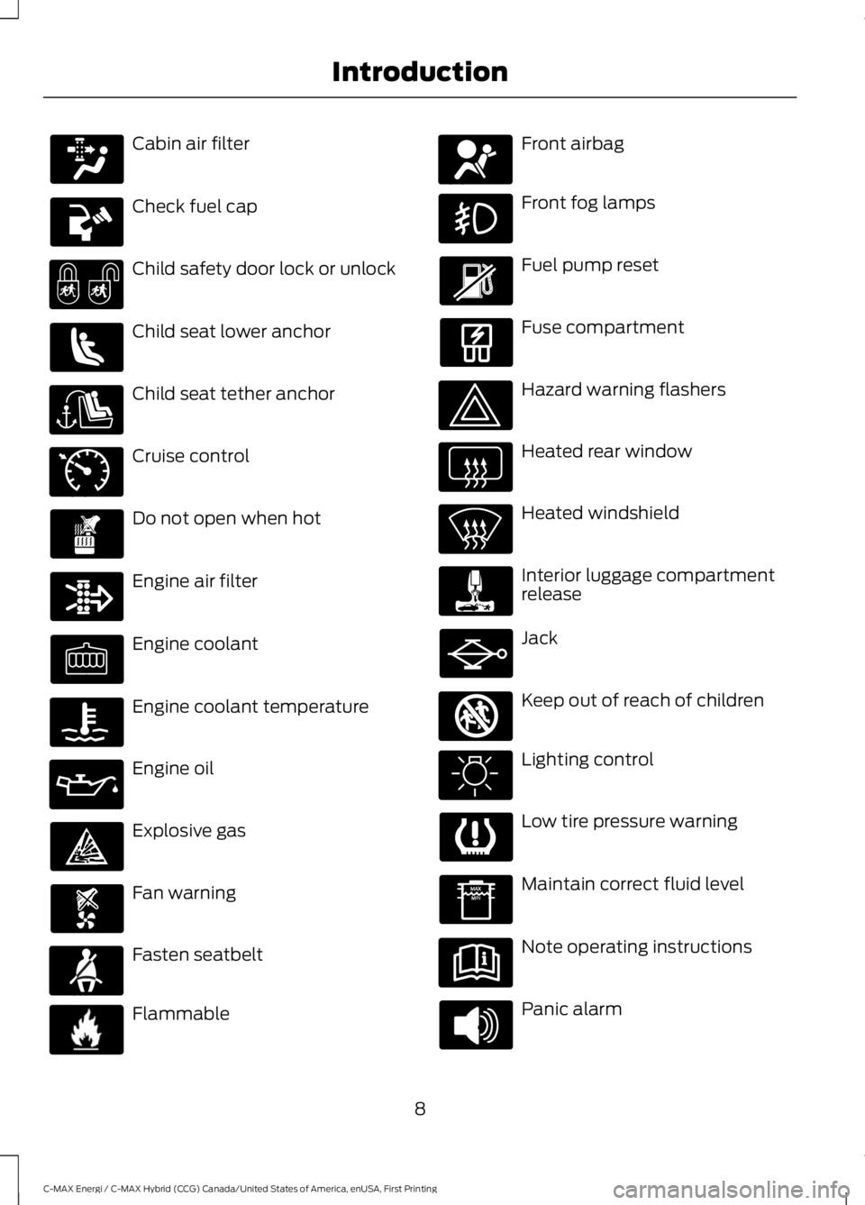 FORD C MAX ENERGI 2017  Owners Manual Cabin air filter
Check fuel cap
Child safety door lock or unlock
Child seat lower anchor
Child seat tether anchor
Cruise control
Do not open when hot
Engine air filter
Engine coolant
Engine coolant te