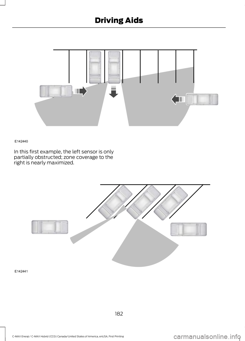 FORD C MAX ENERGI 2017 Owners Manual In this first example, the left sensor is onlypartially obstructed; zone coverage to theright is nearly maximized.
182
C-MAX Energi / C-MAX Hybrid (CCG) Canada/United States of America, enUSA, First P FORD C MAX ENERGI 2017 Owners Manual In this first example, the left sensor is onlypartially obstructed; zone coverage to theright is nearly maximized.
182
C-MAX Energi / C-MAX Hybrid (CCG) Canada/United States of America, enUSA, First P