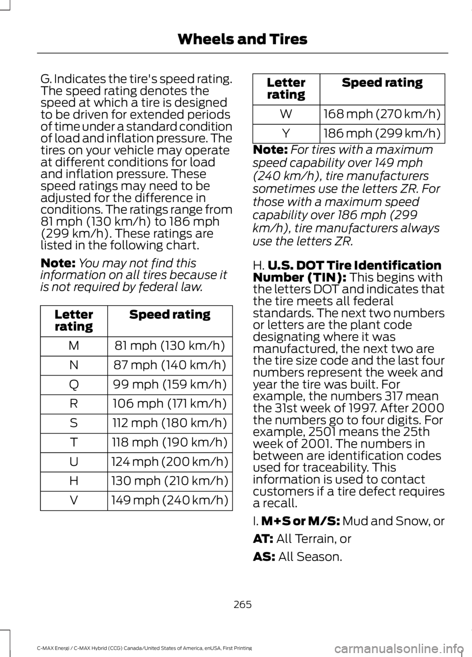 FORD C MAX ENERGI 2017 Owners Manual G. Indicates the tire's speed rating.The speed rating denotes thespeed at which a tire is designedto be driven for extended periodsof time under a standard conditionof load and inflation pressure. FORD C MAX ENERGI 2017 Owners Manual G. Indicates the tire's speed rating.The speed rating denotes thespeed at which a tire is designedto be driven for extended periodsof time under a standard conditionof load and inflation pressure.