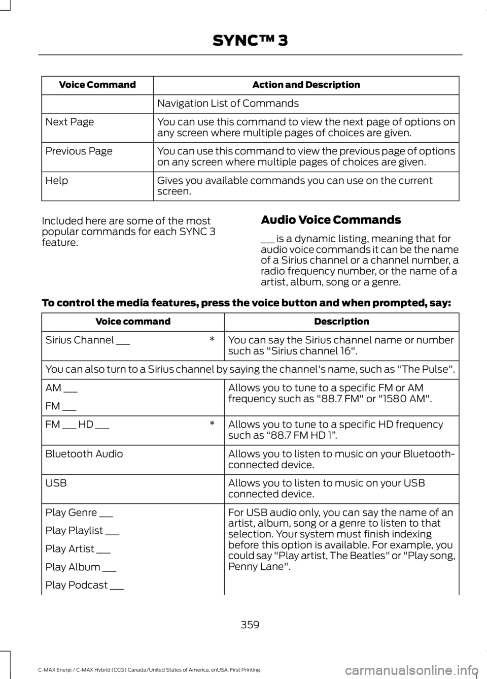 FORD C MAX ENERGI 2017 Owners Manual Action and DescriptionVoice Command
Navigation List of Commands
You can use this command to view the next page of options onany screen where multiple pages of choices are given.Next Page
You can use t FORD C MAX ENERGI 2017 Owners Manual Action and DescriptionVoice Command
Navigation List of Commands
You can use this command to view the next page of options onany screen where multiple pages of choices are given.Next Page
You can use t