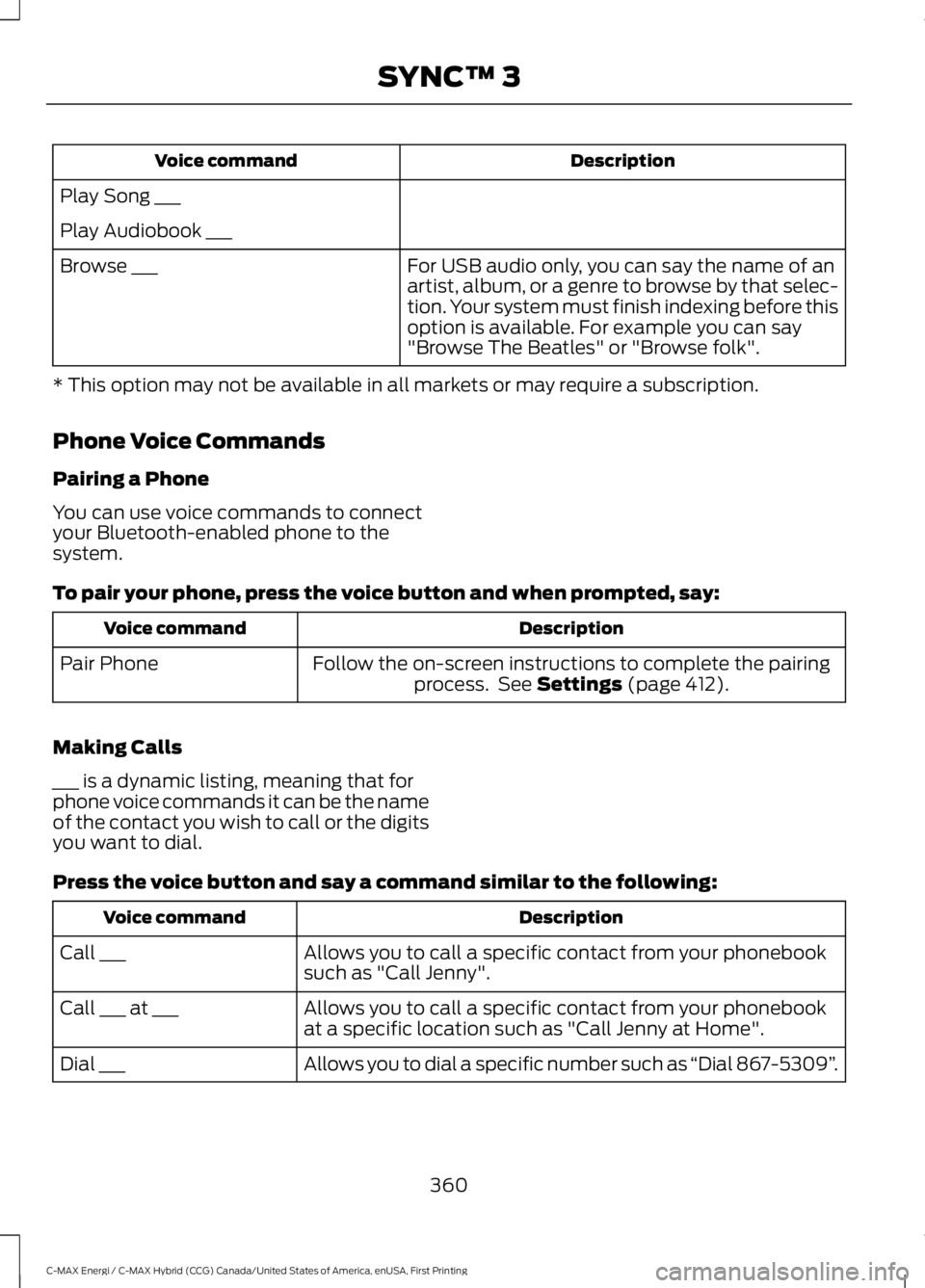 FORD C MAX ENERGI 2017  Owners Manual DescriptionVoice command
Play Song ___
Play Audiobook ___
For USB audio only, you can say the name of anartist, album, or a genre to browse by that selec-tion. Your system must finish indexing before 
