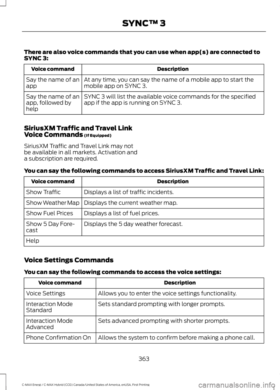 FORD C MAX ENERGI 2017  Owners Manual There are also voice commands that you can use when app(s) are connected toSYNC 3:
DescriptionVoice command
At any time, you can say the name of a mobile app to start themobile app on SYNC 3.Say the n