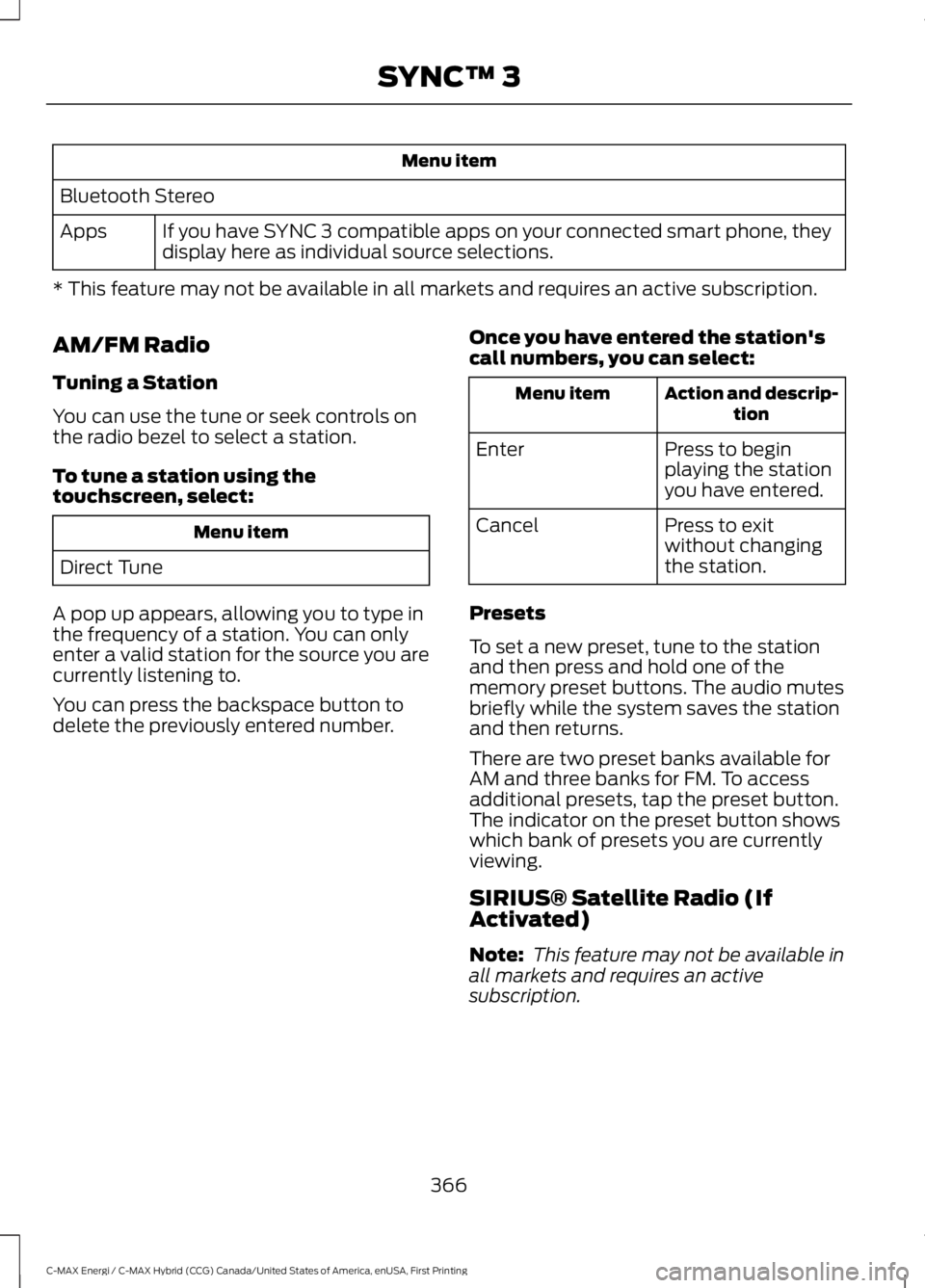 FORD C MAX ENERGI 2017 Owners Guide Menu item
Bluetooth Stereo
If you have SYNC 3 compatible apps on your connected smart phone, theydisplay here as individual source selections.Apps
* This feature may not be available in all markets an FORD C MAX ENERGI 2017 Owners Guide Menu item
Bluetooth Stereo
If you have SYNC 3 compatible apps on your connected smart phone, theydisplay here as individual source selections.Apps
* This feature may not be available in all markets an