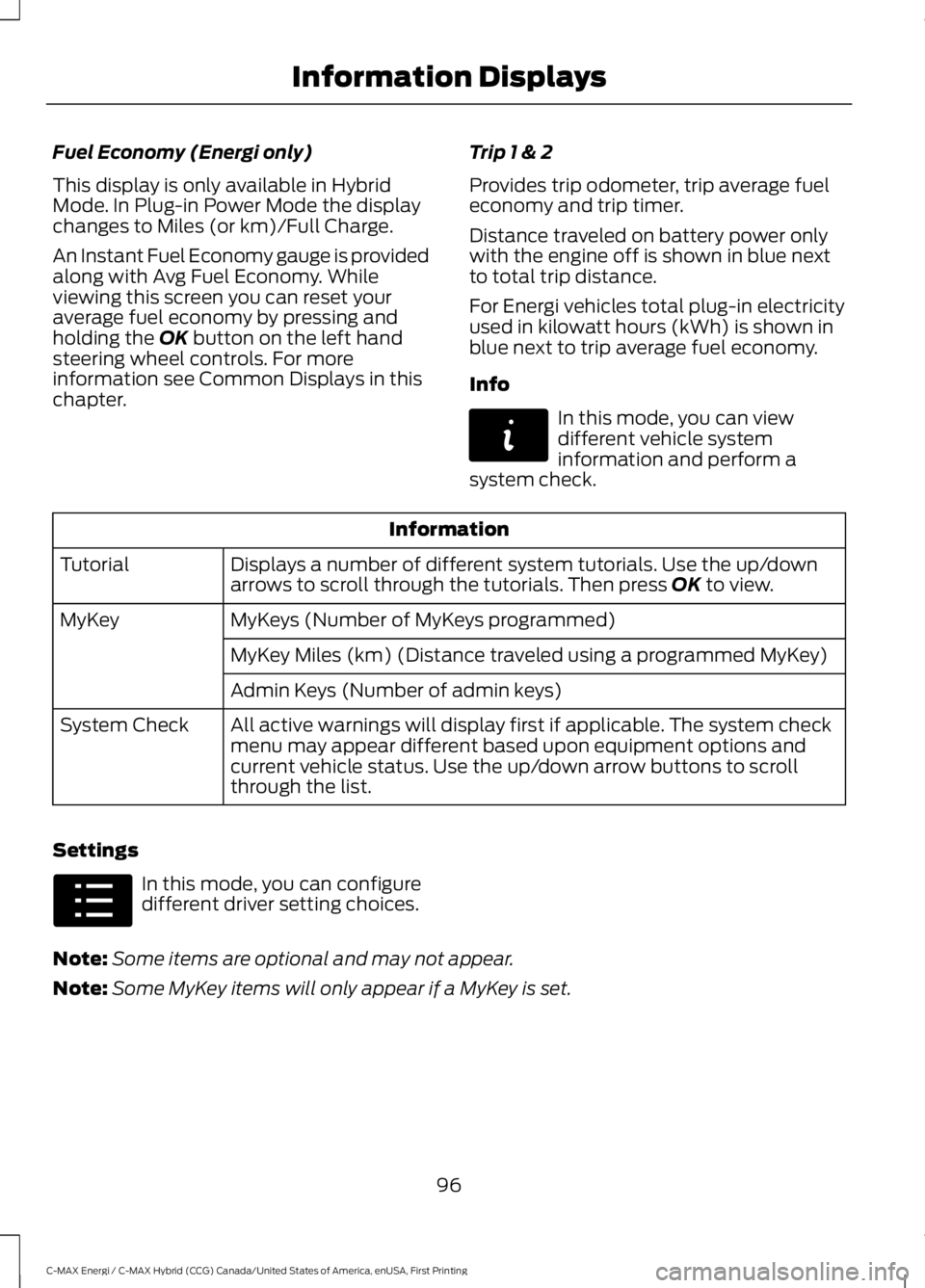 FORD C MAX ENERGI 2017 Owners Manual Fuel Economy (Energi only)
This display is only available in HybridMode. In Plug-in Power Mode the displaychanges to Miles (or km)/Full Charge.
An Instant Fuel Economy gauge is providedalong with Avg FORD C MAX ENERGI 2017 Owners Manual Fuel Economy (Energi only)
This display is only available in HybridMode. In Plug-in Power Mode the displaychanges to Miles (or km)/Full Charge.
An Instant Fuel Economy gauge is providedalong with Avg