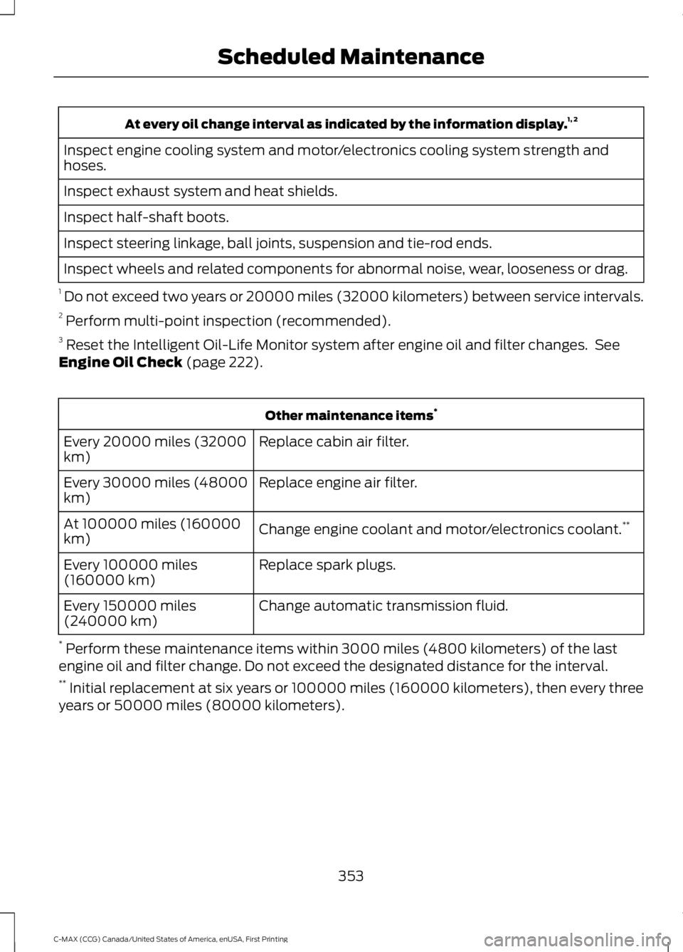FORD C MAX ENERGI 2016 Owners Manual At every oil change interval as indicated by the information display.1, 2
Inspect engine cooling system and motor/electronics cooling system strength andhoses.
Inspect exhaust system and heat shields. FORD C MAX ENERGI 2016 Owners Manual At every oil change interval as indicated by the information display.1, 2
Inspect engine cooling system and motor/electronics cooling system strength andhoses.
Inspect exhaust system and heat shields.