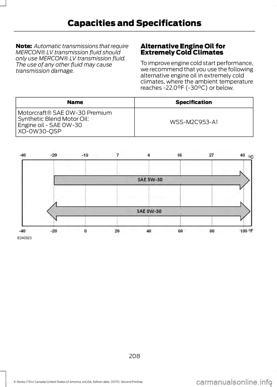 FORD E SERIES 2018 Owners Manual Note: Automatic transmissions that requireMERCON® LV transmission fluid shouldonly use MERCON® LV transmission fluid.The use of any other fluid may causetransmission damage.
Alternative Engine Oil f FORD E SERIES 2018 Owners Manual Note: Automatic transmissions that requireMERCON® LV transmission fluid shouldonly use MERCON® LV transmission fluid.The use of any other fluid may causetransmission damage.
Alternative Engine Oil f