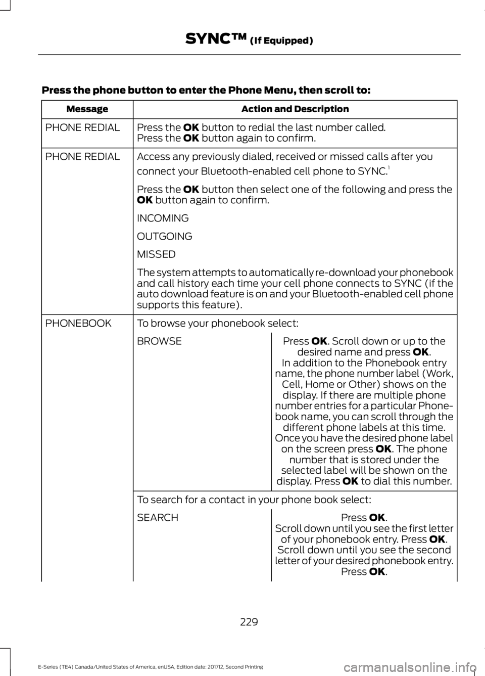 FORD E SERIES 2018  Owners Manual Press the phone button to enter the Phone Menu, then scroll to:
Action and DescriptionMessage
Press the OK button to redial the last number called.PHONE REDIALPress the OK button again to confirm.
Acc