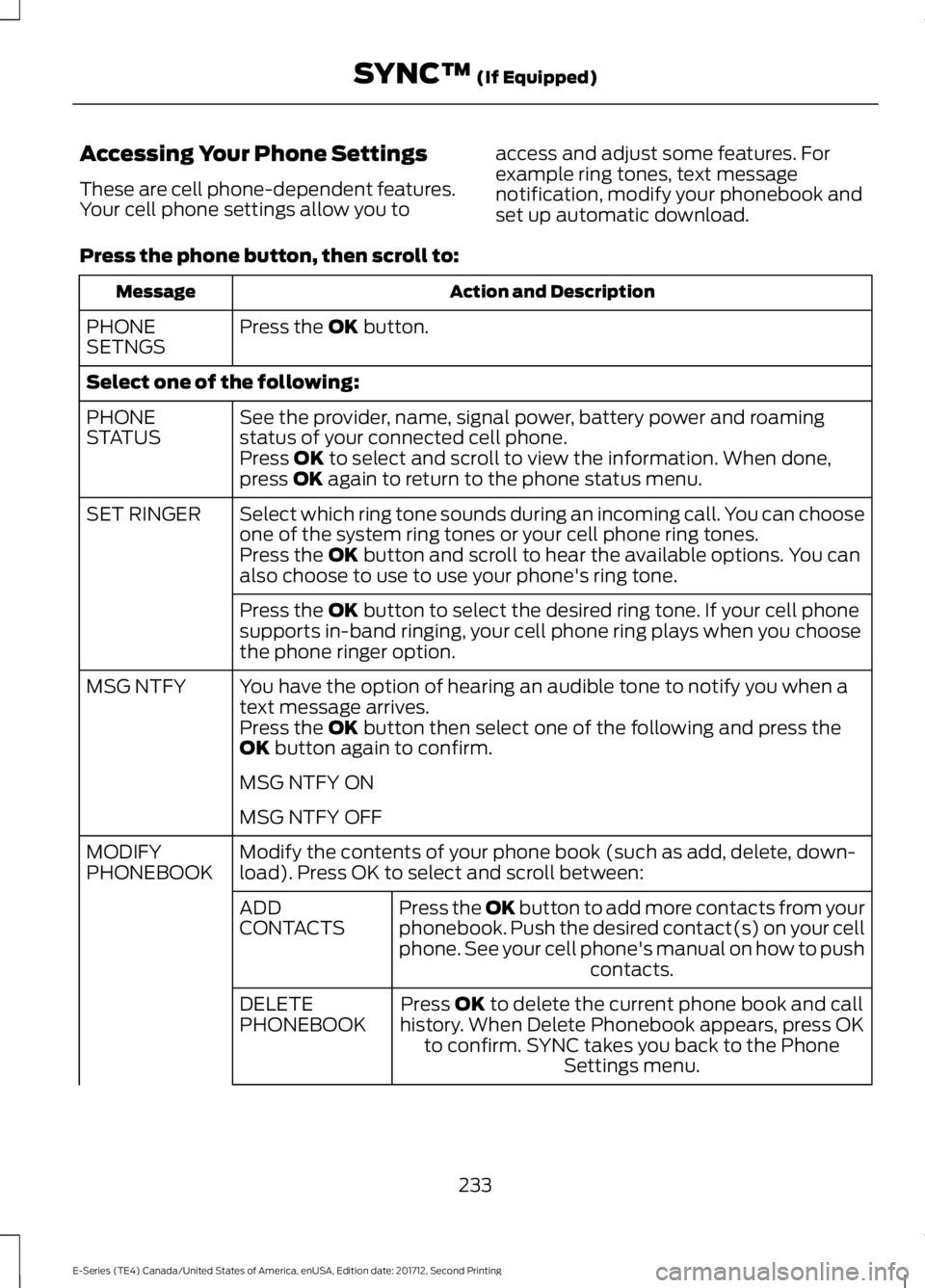 FORD E SERIES 2018 Owners Manual Accessing Your Phone Settings
These are cell phone-dependent features.Your cell phone settings allow you to
access and adjust some features. Forexample ring tones, text messagenotification, modify you FORD E SERIES 2018 Owners Manual Accessing Your Phone Settings
These are cell phone-dependent features.Your cell phone settings allow you to
access and adjust some features. Forexample ring tones, text messagenotification, modify you
