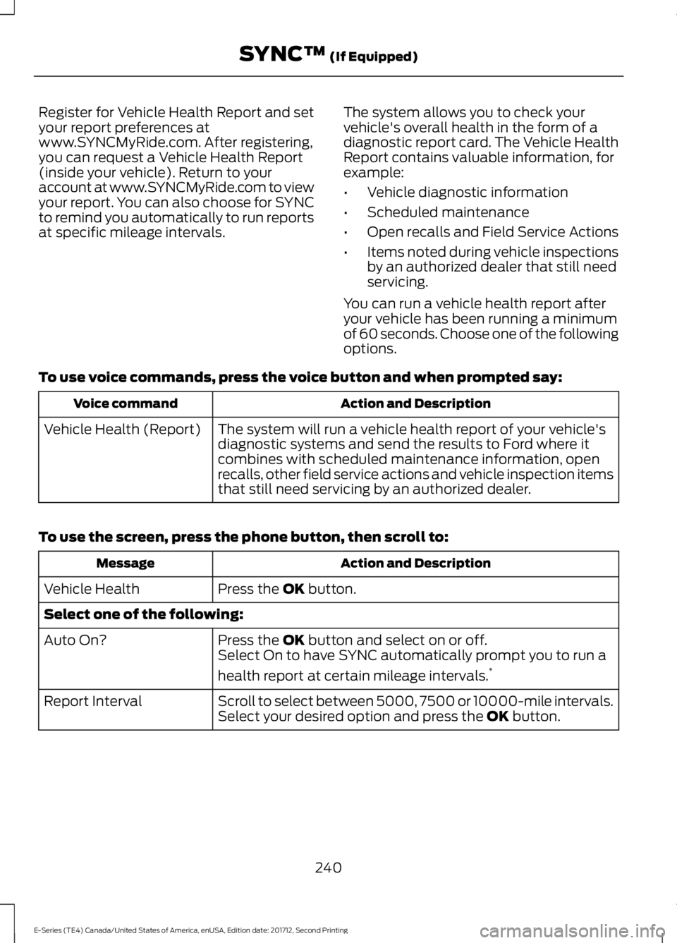 FORD E SERIES 2018 Owners Manual Register for Vehicle Health Report and setyour report preferences atwww.SYNCMyRide.com. After registering,you can request a Vehicle Health Report(inside your vehicle). Return to youraccount at www.SYN FORD E SERIES 2018 Owners Manual Register for Vehicle Health Report and setyour report preferences atwww.SYNCMyRide.com. After registering,you can request a Vehicle Health Report(inside your vehicle). Return to youraccount at www.SYN