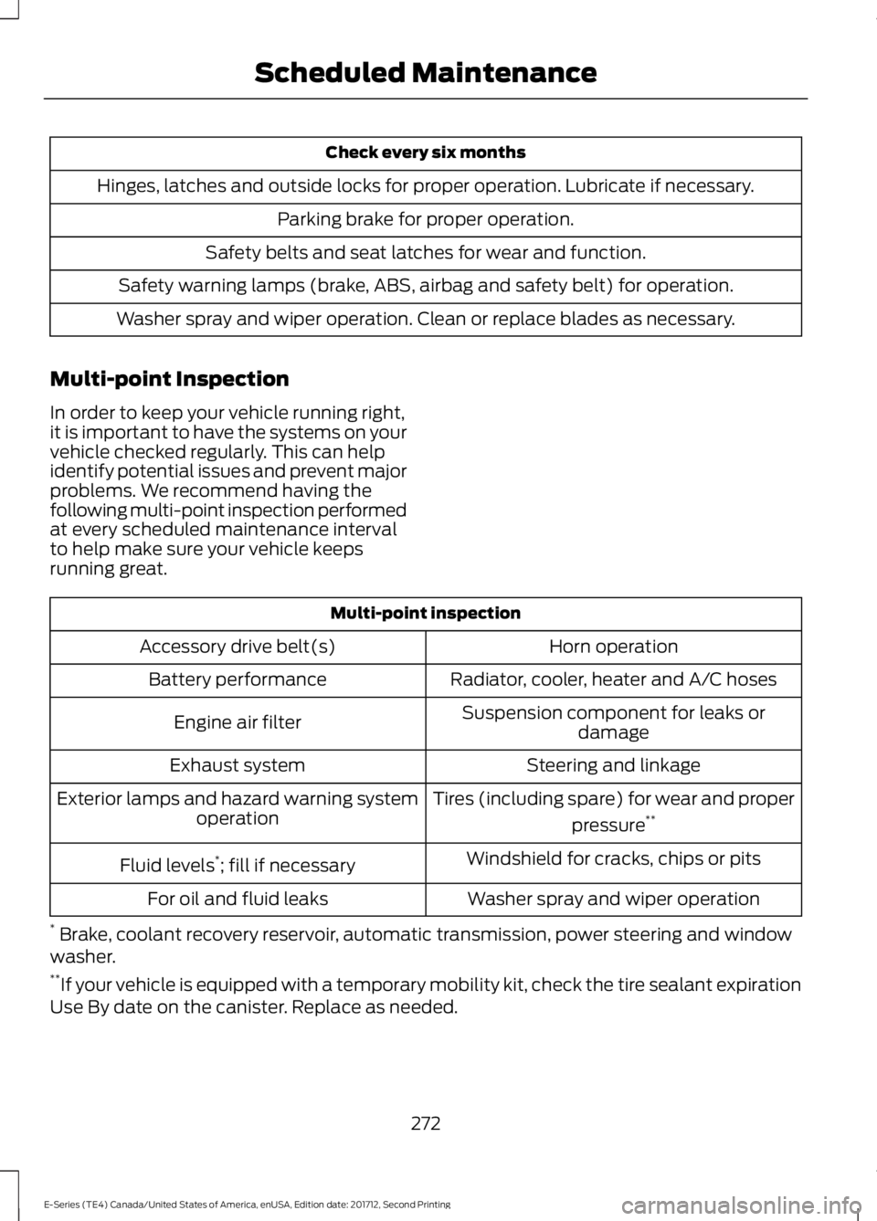 FORD E SERIES 2018 Service Manual Check every six months
Hinges, latches and outside locks for proper operation. Lubricate if necessary.
Parking brake for proper operation.
Safety belts and seat latches for wear and function.
Safety w FORD E SERIES 2018 Service Manual Check every six months
Hinges, latches and outside locks for proper operation. Lubricate if necessary.
Parking brake for proper operation.
Safety belts and seat latches for wear and function.
Safety w