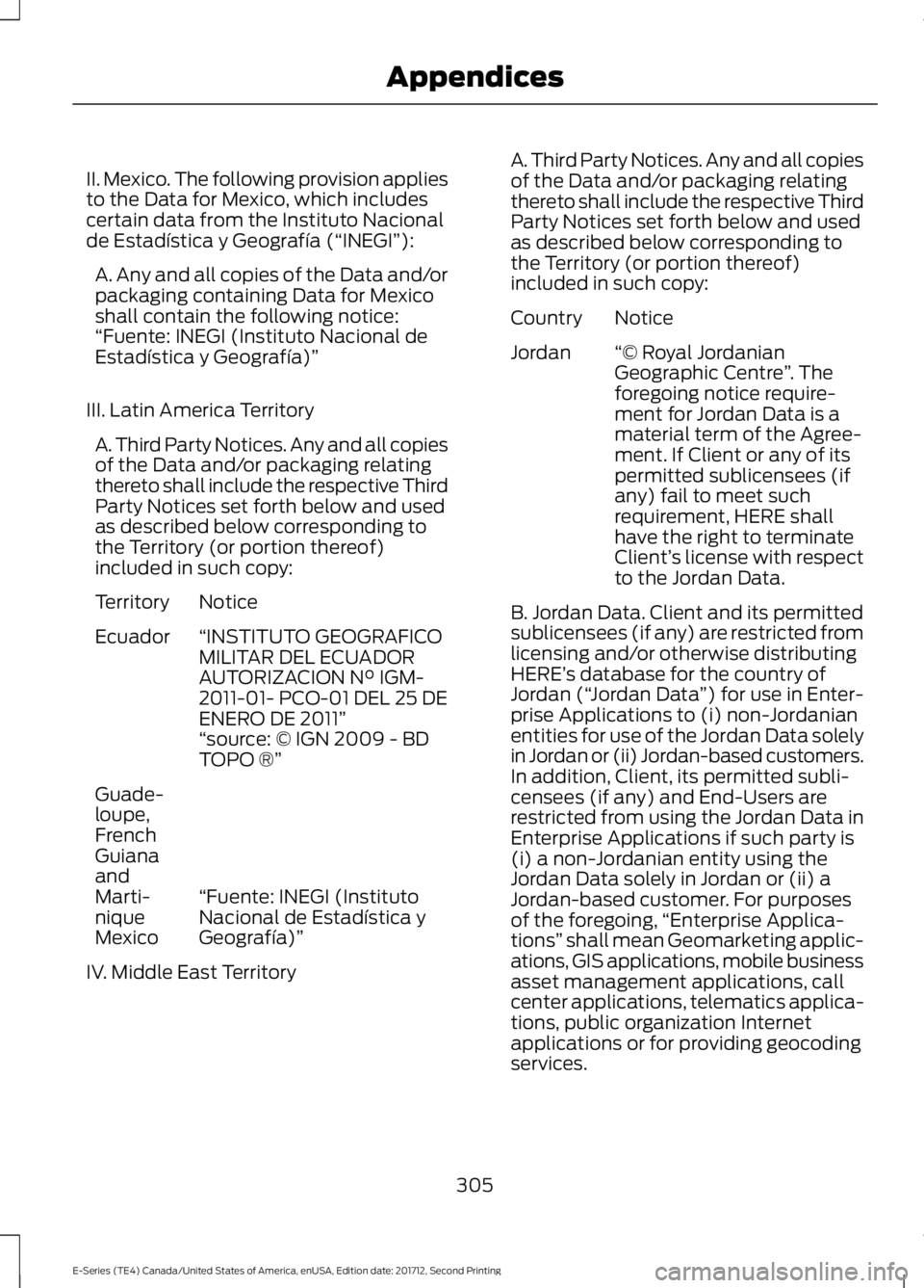 FORD E SERIES 2018 Owners Manual II. Mexico. The following provision appliesto the Data for Mexico, which includescertain data from the Instituto Nacionalde Estadística y Geografía (“INEGI”):
A. Any and all copies of the Data a FORD E SERIES 2018 Owners Manual II. Mexico. The following provision appliesto the Data for Mexico, which includescertain data from the Instituto Nacionalde Estadística y Geografía (“INEGI”):
A. Any and all copies of the Data a