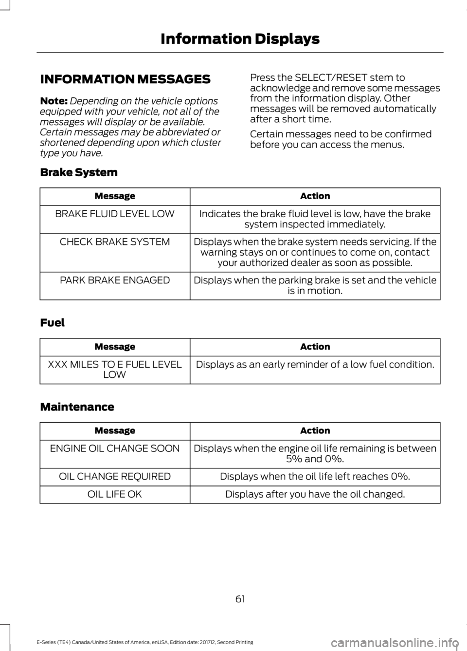 FORD E SERIES 2018 User Guide INFORMATION MESSAGES
Note:Depending on the vehicle optionsequipped with your vehicle, not all of themessages will display or be available.Certain messages may be abbreviated orshortened depending upon FORD E SERIES 2018 User Guide INFORMATION MESSAGES
Note:Depending on the vehicle optionsequipped with your vehicle, not all of themessages will display or be available.Certain messages may be abbreviated orshortened depending upon