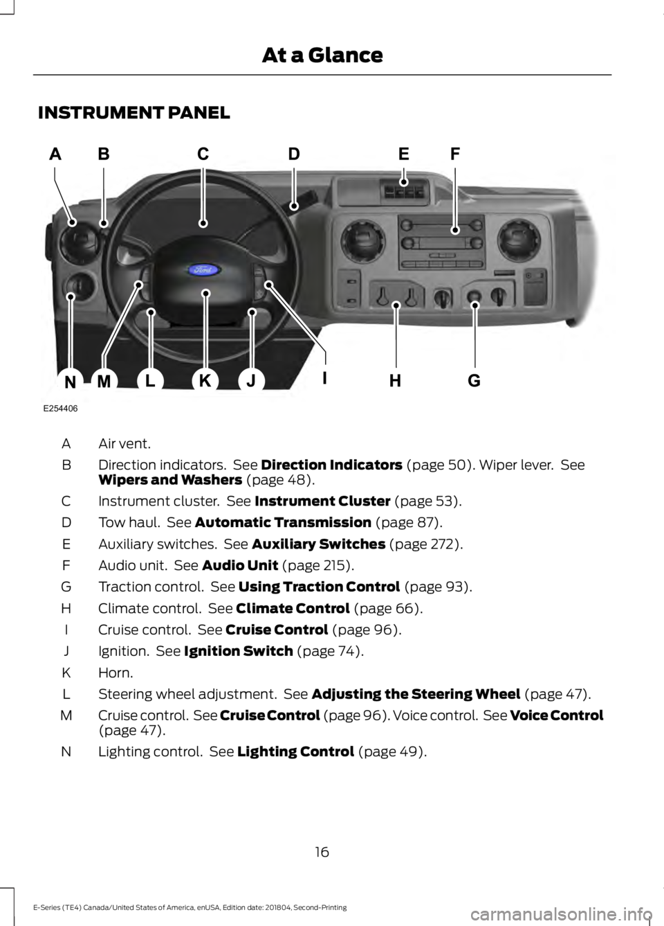 FORD E SERIES 2019 Owners Manual INSTRUMENT PANEL
Air vent.A
Direction indicators. See Direction Indicators (page 50). Wiper lever. SeeWipers and Washers (page 48).B
Instrument cluster. See Instrument Cluster (page 53).C
Tow haul. FORD E SERIES 2019 Owners Manual INSTRUMENT PANEL
Air vent.A
Direction indicators. See Direction Indicators (page 50). Wiper lever. SeeWipers and Washers (page 48).B
Instrument cluster. See Instrument Cluster (page 53).C
Tow haul.
