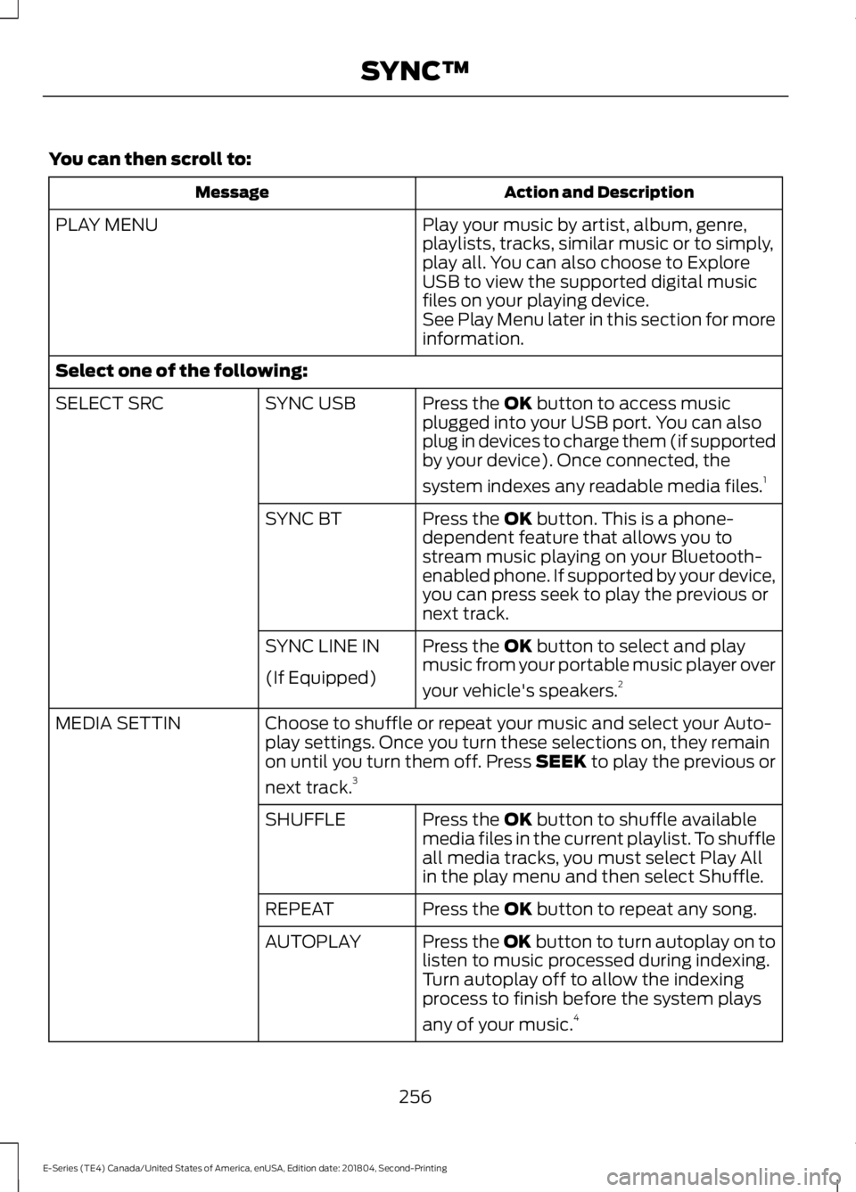 FORD E SERIES 2019 User Guide You can then scroll to:
Action and DescriptionMessage
Play your music by artist, album, genre,playlists, tracks, similar music or to simply,play all. You can also choose to ExploreUSB to view the supp FORD E SERIES 2019 User Guide You can then scroll to:
Action and DescriptionMessage
Play your music by artist, album, genre,playlists, tracks, similar music or to simply,play all. You can also choose to ExploreUSB to view the supp