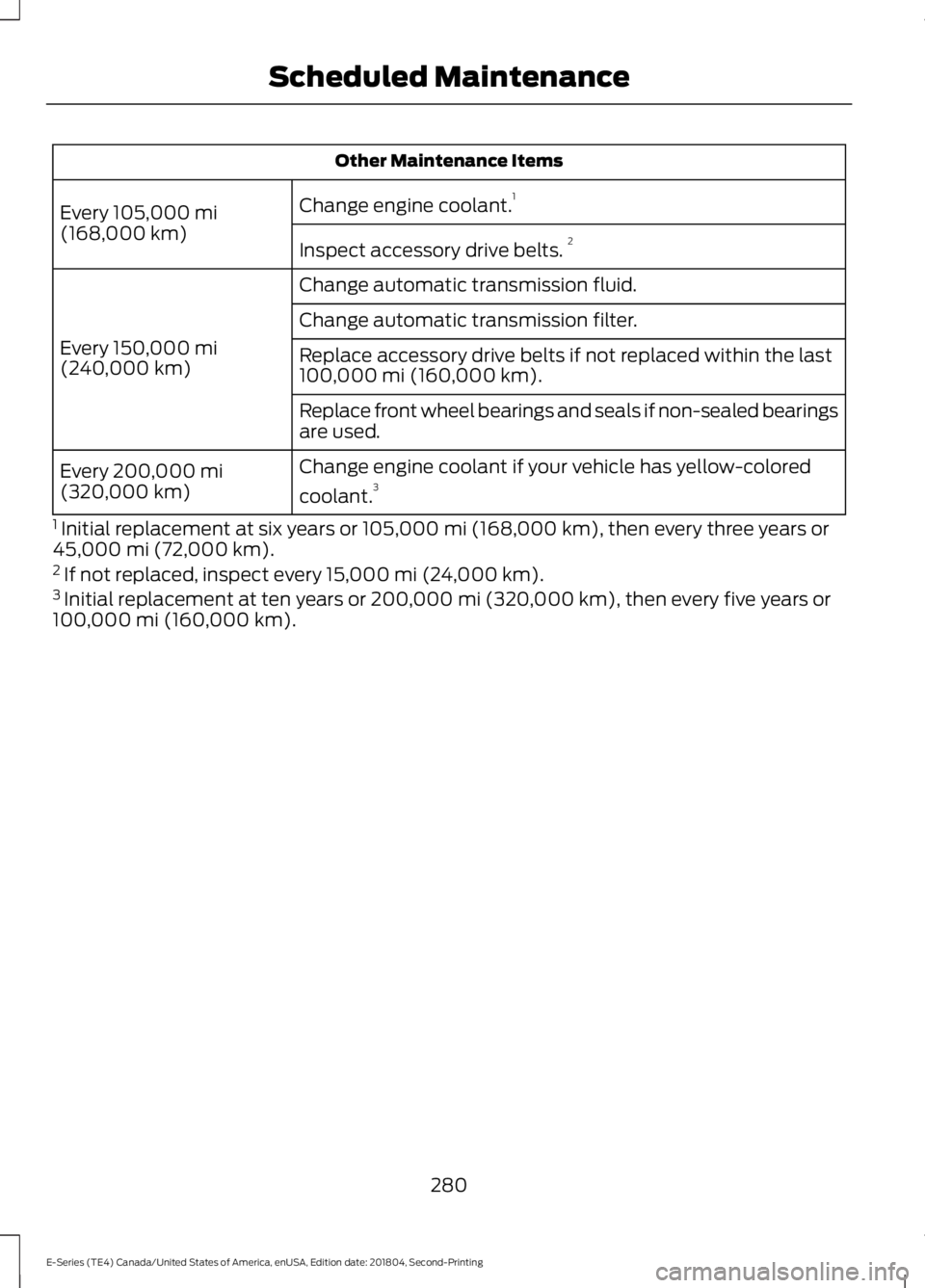 FORD E SERIES 2019 Owners Manual Other Maintenance Items
Change engine coolant.1Every 105,000 mi(168,000 km)Inspect accessory drive belts.2
Change automatic transmission fluid.
Every 150,000 mi(240,000 km)
Change automatic transmissi FORD E SERIES 2019 Owners Manual Other Maintenance Items
Change engine coolant.1Every 105,000 mi(168,000 km)Inspect accessory drive belts.2
Change automatic transmission fluid.
Every 150,000 mi(240,000 km)
Change automatic transmissi