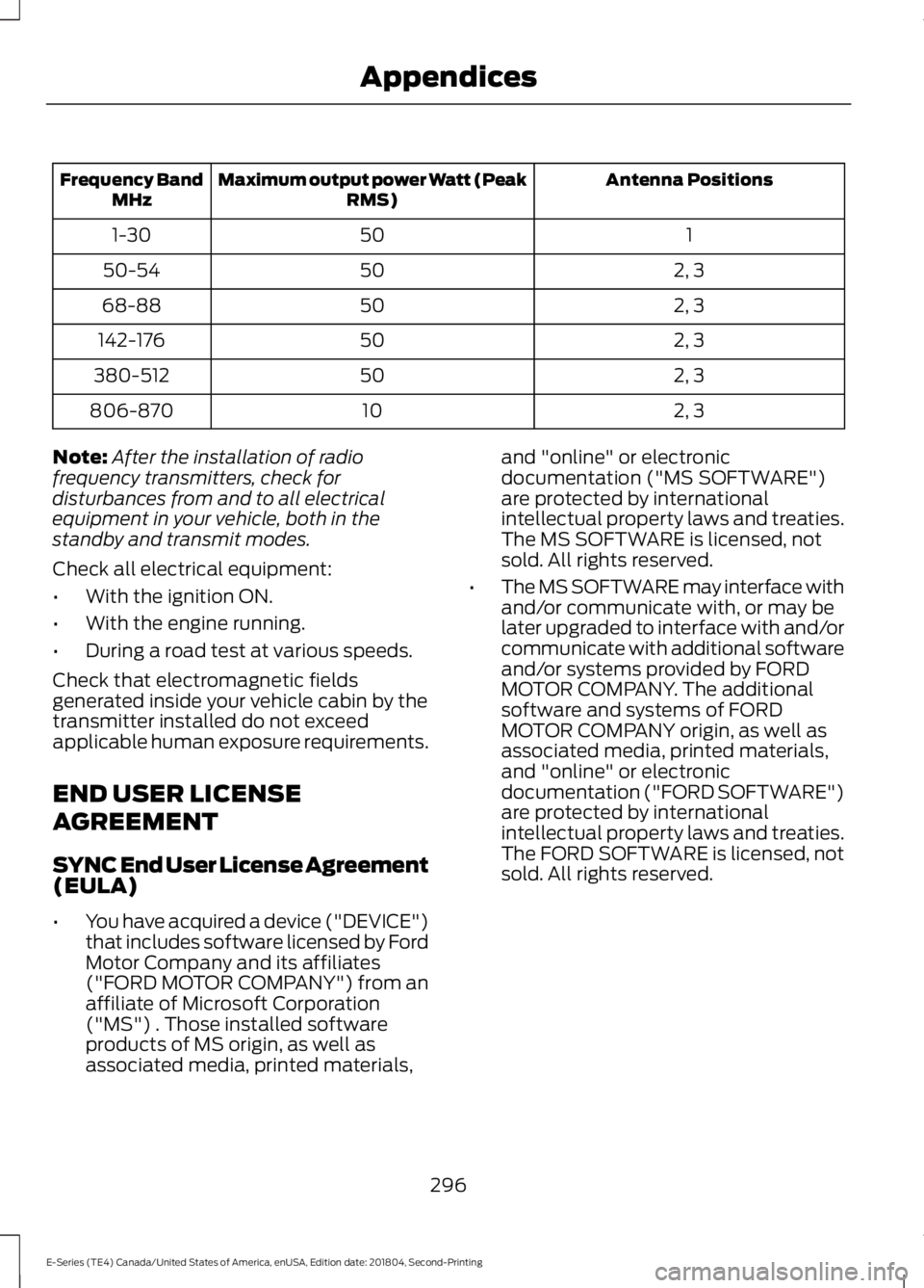 FORD E SERIES 2019 Service Manual Antenna PositionsMaximum output power Watt (PeakRMS)Frequency BandMHz
1501-30
2, 35050-54
2, 35068-88
2, 350142-176
2, 350380-512
2, 310806-870
Note:After the installation of radiofrequency transmitte FORD E SERIES 2019 Service Manual Antenna PositionsMaximum output power Watt (PeakRMS)Frequency BandMHz
1501-30
2, 35050-54
2, 35068-88
2, 350142-176
2, 350380-512
2, 310806-870
Note:After the installation of radiofrequency transmitte