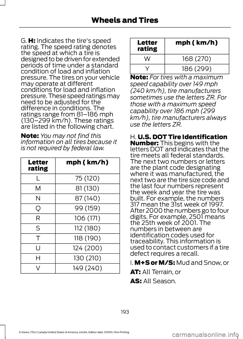 FORD E SERIES 2021  Owners Manual G.
H: Indicates the tire's speed
rating. The speed rating denotes
the speed at which a tire is
designed to be driven for extended
periods of time under a standard
condition of load and inflation
p