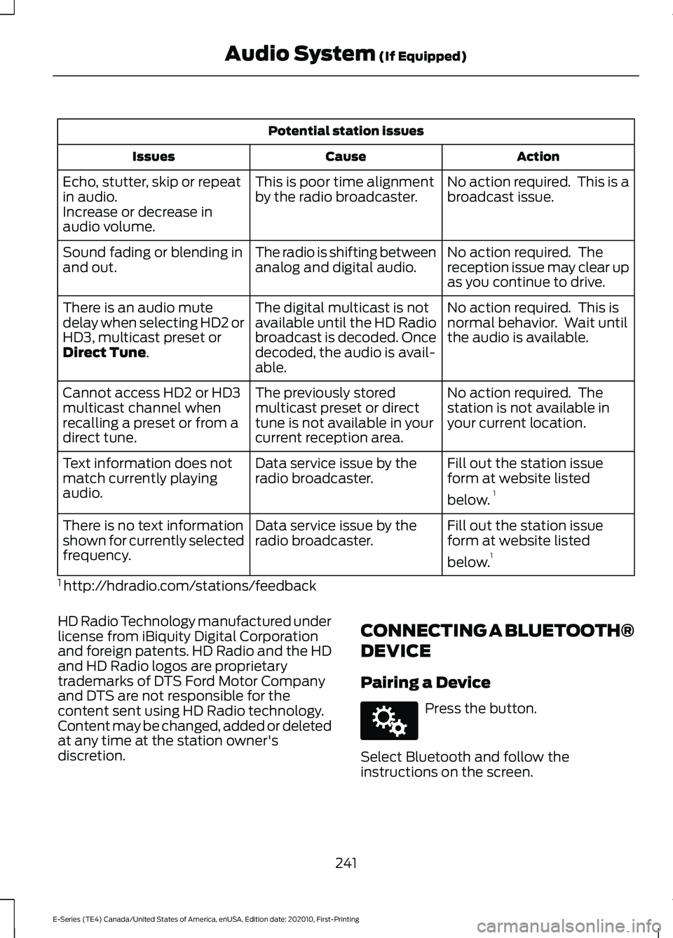 FORD E SERIES 2022 Owners Manual Potential station issues
Action
Cause
Issues
No action required. This is a
broadcast issue.
This is poor time alignment
by the radio broadcaster.
Echo, stutter, skip or repeat
in audio.
Increase or d FORD E SERIES 2022 Owners Manual Potential station issues
Action
Cause
Issues
No action required. This is a
broadcast issue.
This is poor time alignment
by the radio broadcaster.
Echo, stutter, skip or repeat
in audio.
Increase or d