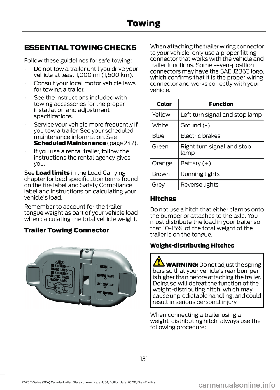 FORD E SERIES 2023 Owners Manual ESSENTIAL TOWING CHECKS
Follow these guidelines for safe towing:
•Do not tow a trailer until you drive yourvehicle at least 1,000 mi (1,600 km).
•Consult your local motor vehicle lawsfor towing a FORD E SERIES 2023 Owners Manual ESSENTIAL TOWING CHECKS
Follow these guidelines for safe towing:
•Do not tow a trailer until you drive yourvehicle at least 1,000 mi (1,600 km).
•Consult your local motor vehicle lawsfor towing a
