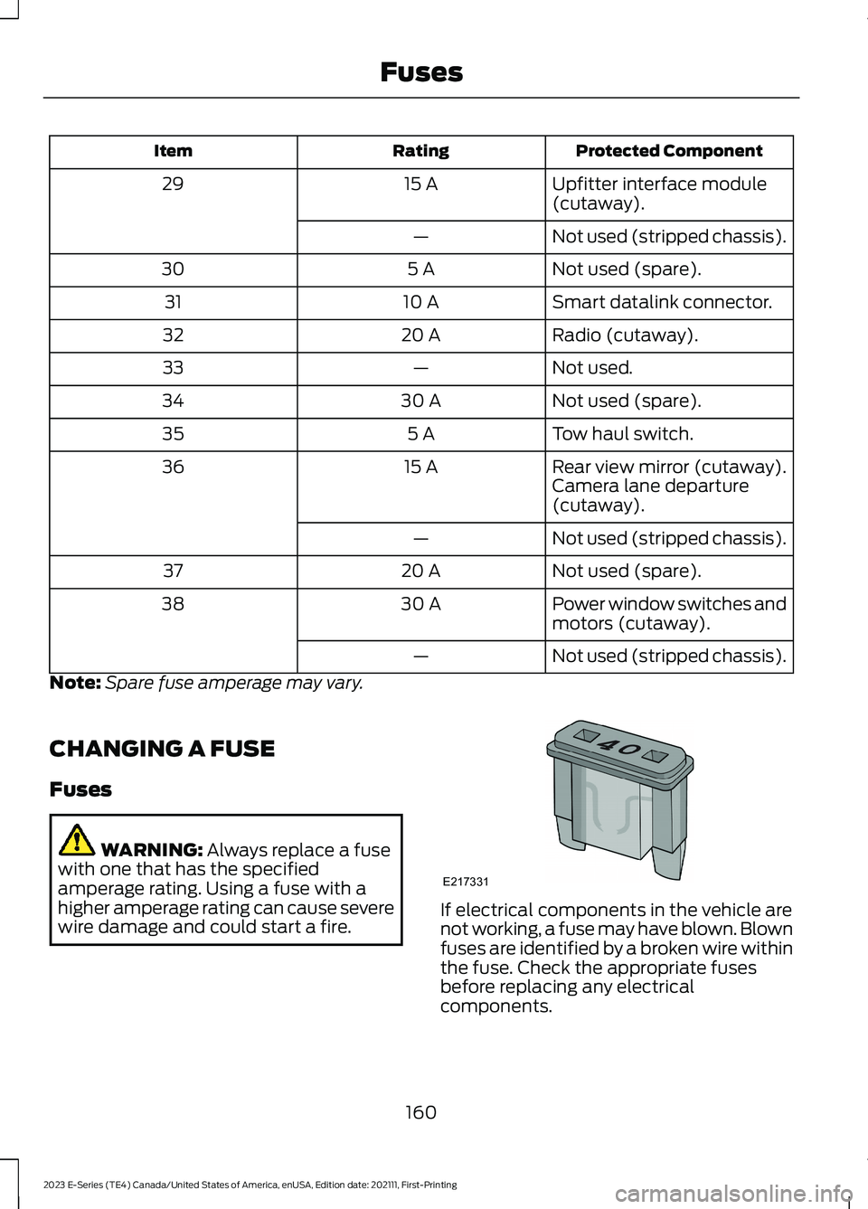 FORD E SERIES 2023 User Guide Protected ComponentRatingItem
Upfitter interface module(cutaway).15 A29
Not used (stripped chassis).—
Not used (spare).5 A30
Smart datalink connector.10 A31
Radio (cutaway).20 A32
Not used.—33
Not FORD E SERIES 2023 User Guide Protected ComponentRatingItem
Upfitter interface module(cutaway).15 A29
Not used (stripped chassis).—
Not used (spare).5 A30
Smart datalink connector.10 A31
Radio (cutaway).20 A32
Not used.—33
Not