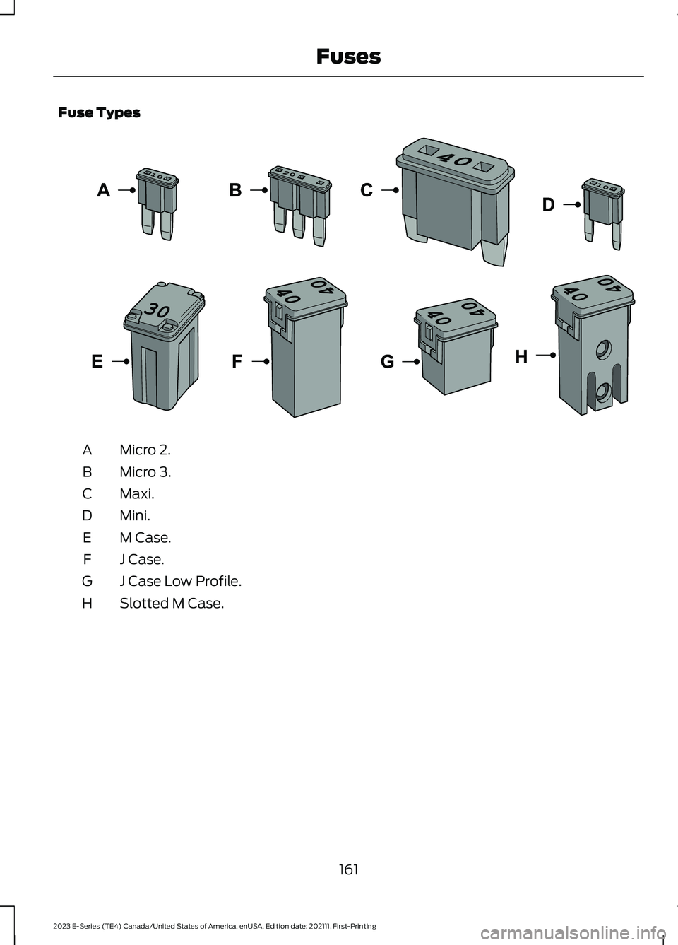 FORD E SERIES 2023 User Guide Fuse Types
Micro 2.A
Micro 3.B
Maxi.C
Mini.D
M Case.E
J Case.F
J Case Low Profile.G
Slotted M Case.H
161
2023 E-Series (TE4) Canada/United States of America, enUSA, Edition date: 202111, First-Printin FORD E SERIES 2023 User Guide Fuse Types
Micro 2.A
Micro 3.B
Maxi.C
Mini.D
M Case.E
J Case.F
J Case Low Profile.G
Slotted M Case.H
161
2023 E-Series (TE4) Canada/United States of America, enUSA, Edition date: 202111, First-Printin
