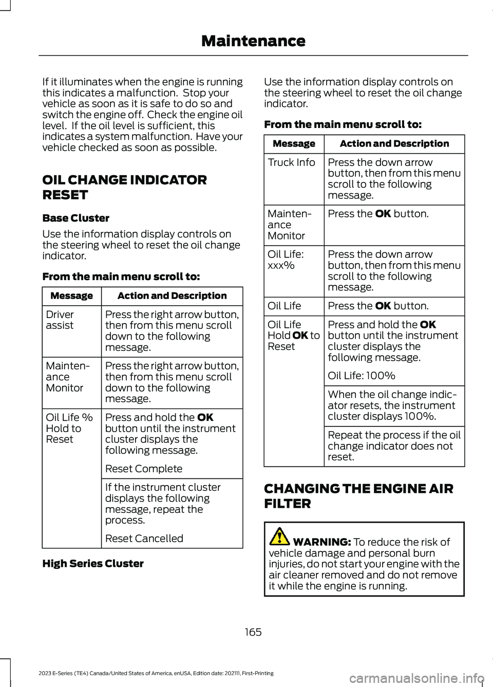 FORD E SERIES 2023 Owners Manual If it illuminates when the engine is runningthis indicates a malfunction. Stop yourvehicle as soon as it is safe to do so andswitch the engine off. Check the engine oillevel. If the oil level is su FORD E SERIES 2023 Owners Manual If it illuminates when the engine is runningthis indicates a malfunction. Stop yourvehicle as soon as it is safe to do so andswitch the engine off. Check the engine oillevel. If the oil level is su