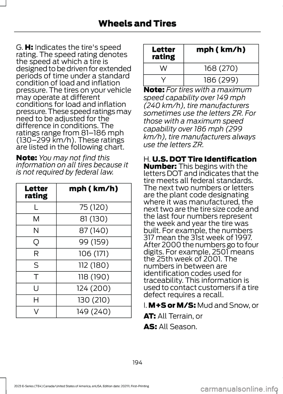 FORD E SERIES 2023  Owners Manual G.H: Indicates the tire's speedrating. The speed rating denotesthe speed at which a tire isdesigned to be driven for extendedperiods of time under a standardcondition of load and inflationpressure