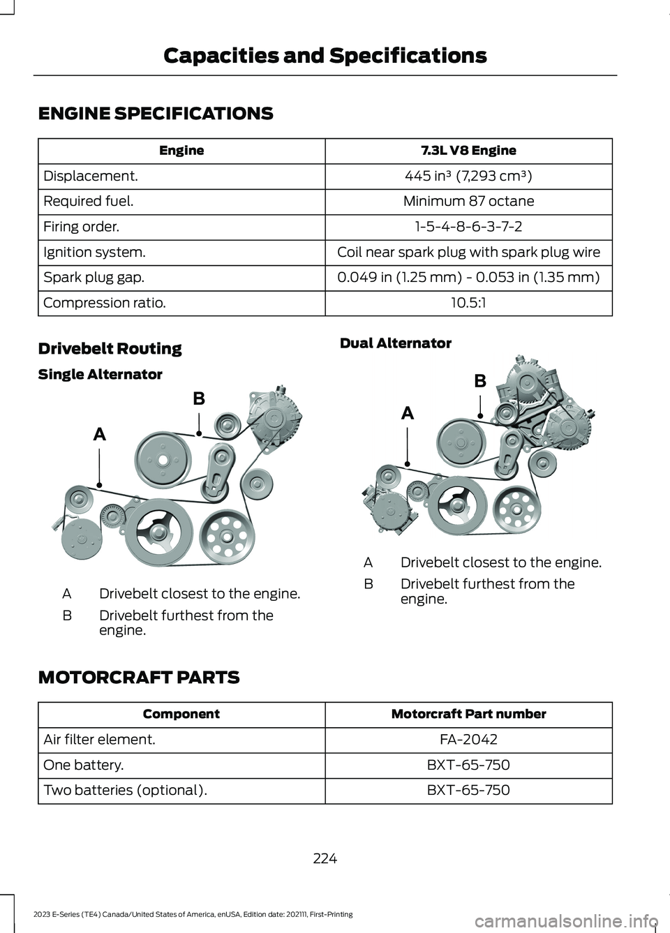 FORD E SERIES 2023 Manual PDF ENGINE SPECIFICATIONS
7.3L V8 EngineEngine
445 in³ (7,293 cm³)Displacement.
Minimum 87 octaneRequired fuel.
1-5-4-8-6-3-7-2Firing order.
Coil near spark plug with spark plug wireIgnition system.
0.0 FORD E SERIES 2023 Manual PDF ENGINE SPECIFICATIONS
7.3L V8 EngineEngine
445 in³ (7,293 cm³)Displacement.
Minimum 87 octaneRequired fuel.
1-5-4-8-6-3-7-2Firing order.
Coil near spark plug with spark plug wireIgnition system.
0.0