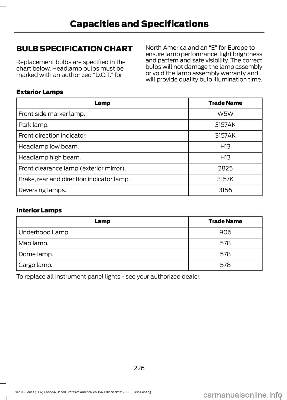 FORD E SERIES 2023 Owners Manual BULB SPECIFICATION CHART
Replacement bulbs are specified in thechart below. Headlamp bulbs must bemarked with an authorized “D.O.T.” for
North America and an “E” for Europe toensure lamp perfo FORD E SERIES 2023 Owners Manual BULB SPECIFICATION CHART
Replacement bulbs are specified in thechart below. Headlamp bulbs must bemarked with an authorized “D.O.T.” for
North America and an “E” for Europe toensure lamp perfo