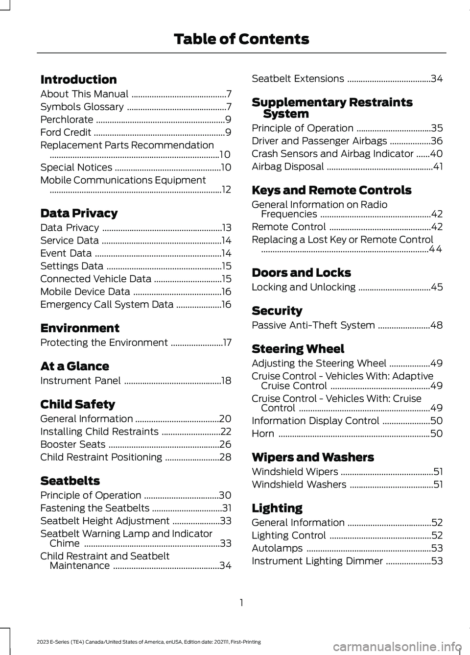 FORD E SERIES 2023  Owners Manual Introduction
About This Manual..........................................7
Symbols Glossary............................................7
Perchlorate.....................................................