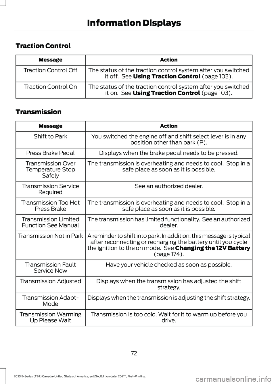 FORD E SERIES 2023 Owners Manual Traction Control
ActionMessage
The status of the traction control system after you switchedit off. See Using Traction Control (page 103).Traction Control Off
The status of the traction control system FORD E SERIES 2023 Owners Manual Traction Control
ActionMessage
The status of the traction control system after you switchedit off. See Using Traction Control (page 103).Traction Control Off
The status of the traction control system
