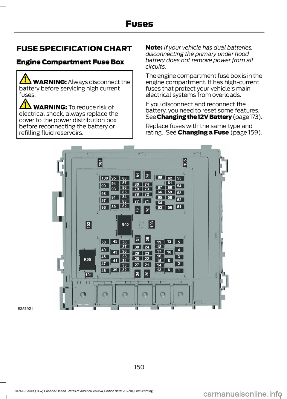 FORD E SERIES 2024 Owners Manual FUSE SPECIFICATION CHART
Engine Compartment Fuse Box
WARNING: Always disconnect thebattery before servicing high currentfuses.
WARNING: To reduce risk ofelectrical shock, always replace thecover to th FORD E SERIES 2024 Owners Manual FUSE SPECIFICATION CHART
Engine Compartment Fuse Box
WARNING: Always disconnect thebattery before servicing high currentfuses.
WARNING: To reduce risk ofelectrical shock, always replace thecover to th