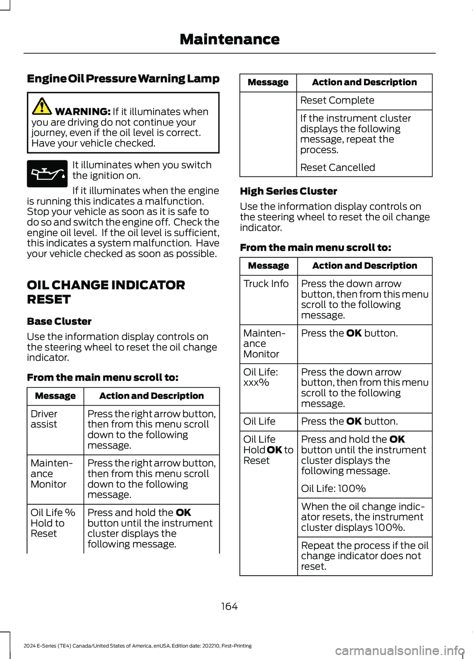 FORD E SERIES 2024 Owners Manual Engine Oil Pressure Warning Lamp
WARNING: If it illuminates whenyou are driving do not continue yourjourney, even if the oil level is correct.Have your vehicle checked.
It illuminates when you switcht FORD E SERIES 2024 Owners Manual Engine Oil Pressure Warning Lamp
WARNING: If it illuminates whenyou are driving do not continue yourjourney, even if the oil level is correct.Have your vehicle checked.
It illuminates when you switcht