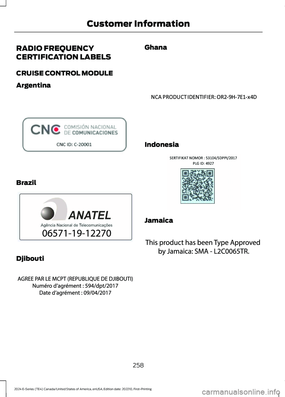 FORD E SERIES 2024  Owners Manual RADIO FREQUENCY
CERTIFICATION LABELS
CRUISE CONTROL MODULE
Argentina
Brazil
Djibouti
Ghana
Indonesia
Jamaica
258
2024 E-Series (TE4) Canada/United States of America, enUSA, Edition date: 202210, First