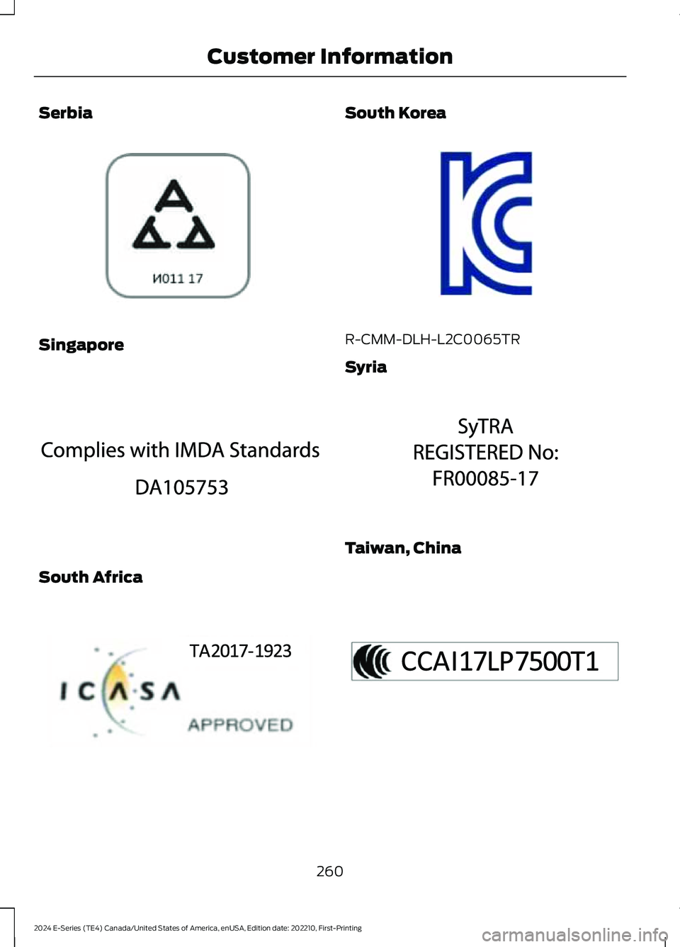 FORD E SERIES 2024  Owners Manual Serbia
Singapore
South Africa
South Korea
R-CMM-DLH-L2C0065TR
Syria
Taiwan, China
260
2024 E-Series (TE4) Canada/United States of America, enUSA, Edition date: 202210, First-PrintingCustomer Informati