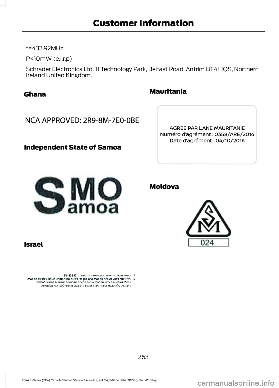FORD E SERIES 2024  Owners Manual f=433.92MHz
P<10mW (e.i.r.p)
Schrader Electronics Ltd. 11 Technology Park, Belfast Road, Antrim BT41 1QS, NorthernIreland United Kingdom.
Ghana
Independent State of Samoa
Israel
Mauritania
Moldova
263