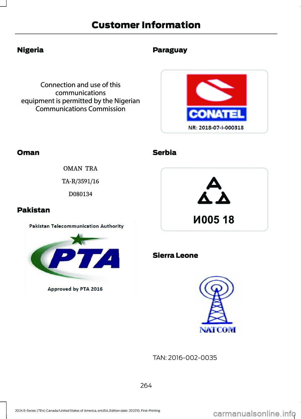 FORD E SERIES 2024  Owners Manual Nigeria
Oman
Pakistan
Paraguay
Serbia
Sierra Leone
TAN: 2016-002-0035
264
2024 E-Series (TE4) Canada/United States of America, enUSA, Edition date: 202210, First-PrintingCustomer InformationE337972  E