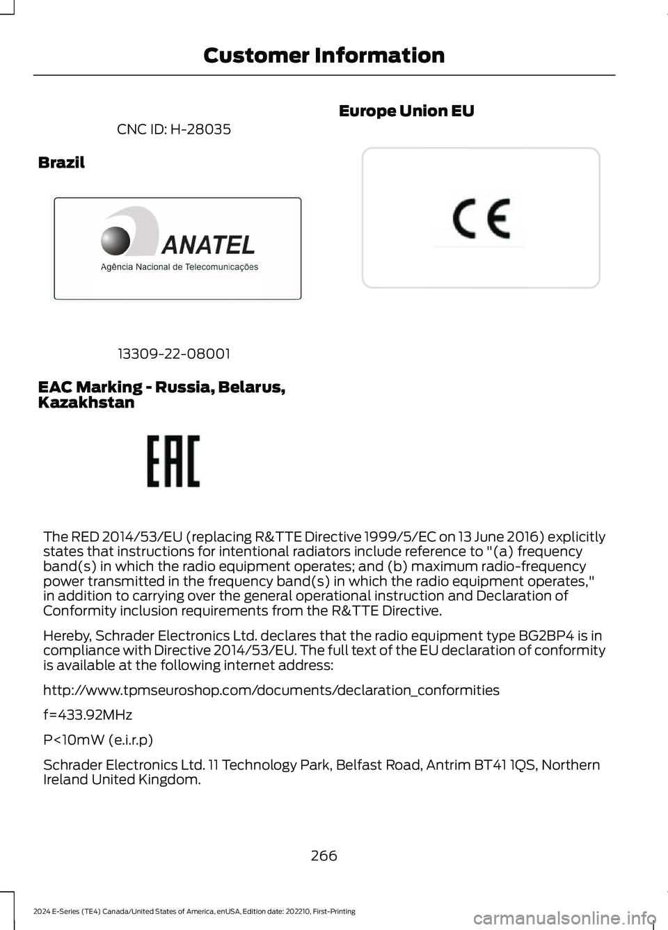 FORD E SERIES 2024 Owners Manual CNC ID: H-28035
Brazil
13309-22-08001
EAC Marking - Russia, Belarus,Kazakhstan
Europe Union EU
The RED 2014/53/EU (replacing R&TTE Directive 1999/5/EC on 13 June 2016) explicitlystates that instructio FORD E SERIES 2024 Owners Manual CNC ID: H-28035
Brazil
13309-22-08001
EAC Marking - Russia, Belarus,Kazakhstan
Europe Union EU
The RED 2014/53/EU (replacing R&TTE Directive 1999/5/EC on 13 June 2016) explicitlystates that instructio
